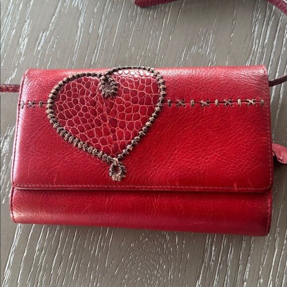 Brighton Red Leather Croc Heart Accent Stitched Crossbody Bag Wallet Organizer - Picture 10 of 16